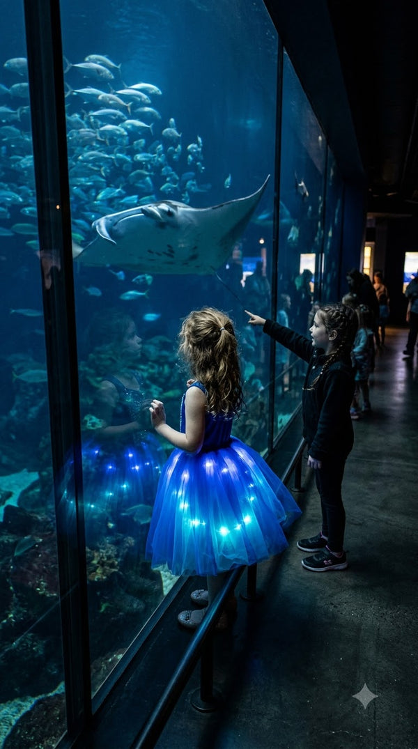 ugc child watching fish at aquarium